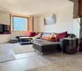 L-shaped sofa, carpet, TV, window with view, wooden wall, shelves