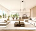 open space living room with large windows, floor to ceiling windows, modern chandelier, two sofas, wooden coffee table, carpets, plants