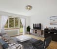 white walls, grey couch, coffee table, rug, armchair, television, shelf, picture frame, radiator, plant, window with white curtains