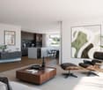 modern living room, wooden floor, white walls, large windows, open kitchen, dining area, modern furniture, artwork, plants