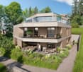 Modern house with 3 floors, glass balconies, garden, patio with table and chairs