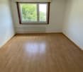 empty room, wooden floor, white walls, window, central heating, power outlet