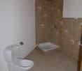 Bathroom with tiled walls, toilet, and shower area