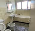 Tiled bathroom with a sink, toilet, and bathtub. The floor is covered in a mosaic tile pattern. The room has large windows providing natural light.