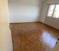 Empty room with white walls, hardwood parquet flooring, and a single light fixture on the ceiling.