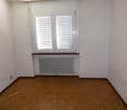 empty room, white walls, radiator, wooden floor, large window with white shutters
