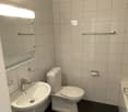 white tiles, black floor, toilet, sink, mirror, bathtub