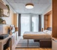 Spacious bedroom with large windows, concrete ceiling, wooden walls, built-in shelves, desk, and a king-size bed with a striped rug on the floor.