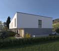 modern white house, gray accent, double story, sliding door, patio, garden, car parked