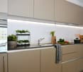 kitchenette with sink, faucet, countertop, plants, towel, cabinet, light