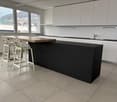 Modern kitchen, black island, white tiles, large windows, wooden bar counter, silver faucet, three white stools.