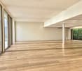 modern open space, large glass windows, wood floors, high ceiling, marble pillar