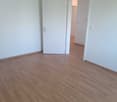 Empty room with white walls and wooden floor, white doors, entrance to another room