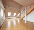 empty room, wooden floor, wooden ceiling, wooden stairs, windows, radiator