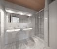 modern bathroom with two sinks, shower, and a toilet