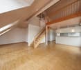 wooden floor, wooden stairs, wooden ceiling, white walls, kitchen area