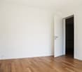 Empty room with white walls, hardwood flooring, and a white door leading to another room.