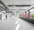 The image shows a large, open commercial space with a long hallway. The space has a modern, industrial design with exposed ceiling beams and ductwork. The walls are white, and the floor is covered in gray carpeting. Large windows line one side of the hall