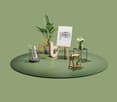 An illustration of a table setting with various objects such as a canvas, a plant, a pencil holder, a sculpture, a wooden stool, and a mannequin.