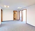 Empty room with carpeted floor, 3 doorways, ceiling lights
