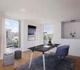 modern office with desk, chair, lamp, books, plants, rug, balcony with view
