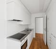 modern kitchen with white cabinets, wooden floor, stainless steel appliances, sink, faucet, oven, dishwasher