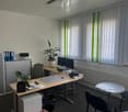 The image shows an office space with a desk, computer, and office supplies. The room has large windows with vertical blinds, providing a view of the outdoors. There are also some potted plants and a small round table in the room.