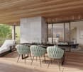 outdoor dining set, dining table, 6 chairs, lounger, wooden flooring, glass wall, trees in background