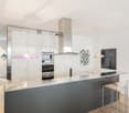 stainless steel kitchen, central island with bar stools, microwave, oven, range hood, hanging lamps, wooden floor, built-in cabinets