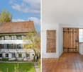 Traditional white house with red roof, large windows with green shutters, wooden doors, interior with wooden floor and white radiator, front yard with grass and trees
