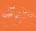 The image appears to be a stylized floor plan or architectural rendering of a residential neighborhood. It shows a collection of houses, buildings, and other structures arranged in a compact layout. The buildings have various shapes and sizes, with some f