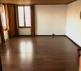 empty room, wooden floor, white walls, two windows, curtains, radiator, mirror