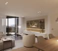 modern living room, large windows, balcony, gray couch, coffee table, armchairs, dining table, TV, shelves, wooden floor