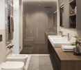 modern bathroom with walk-in shower, double sink, two toilets, towel rack, wooden countertop, rug