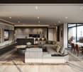 Open plan living and dining area with large windows, modern furniture, and a view of the outside