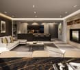 modern living room, white couch, coffee table, open kitchen, fireplace, dining table, chairs, shelves, plants