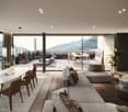 modern design, large windows, dining table, couches, carpet, plants, table with books, round table, chandelier