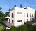 modern 3-story house, white exterior, 2 balconies, large windows, garden