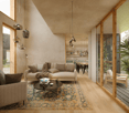 The living room has a sofa and a coffee table with magazines. There is a floor lamp in the corner and hanging lamps on the ceiling. Windows are on the walls, and a balcony with a fence is visible outside. Another room with a dining table and chairs is see