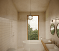 Bathroom with bathtub, two sinks, toilet, shower, large window with balcony view, white tiles, wooden countertop