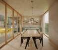 Dining room with wooden table, chairs, large windows, balcony, kitchen area, shelves, plants, pendant lights