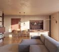 Open-plan living and dining area with a kitchen island, wooden flooring, modern furniture, and large windows.