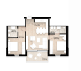 Floor plan with living room, kitchen, 2 bedrooms, 2 bathrooms, terrace
