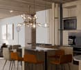 Open kitchen, bar chairs, dining table, counter, sofa, couch, coffee table, side table, microwave, kettle, cabinets, lamp, curtains, chandelier, window