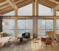 open space with a large window, beige sofa, wood coffee table, wooden floor, dining table