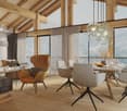 Dining table, chairs, fireplace, sofa, large windows