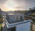Modern apartment building, rooftop terrace, balcony, large glass windows