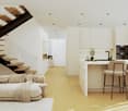 The image shows an open concept living space with a spiral staircase, a large beige sofa, a modern kitchen with white cabinets and a central island, and a dining area with bar stools. The space has a minimalist and contemporary design with wooden accents