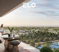 wooden floor, table and chairs, plants, view, and swimming pool