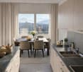 modern kitchen, marble counter, oak wood cabinets, double sink, granite backsplash, large windows, dining area, large rug